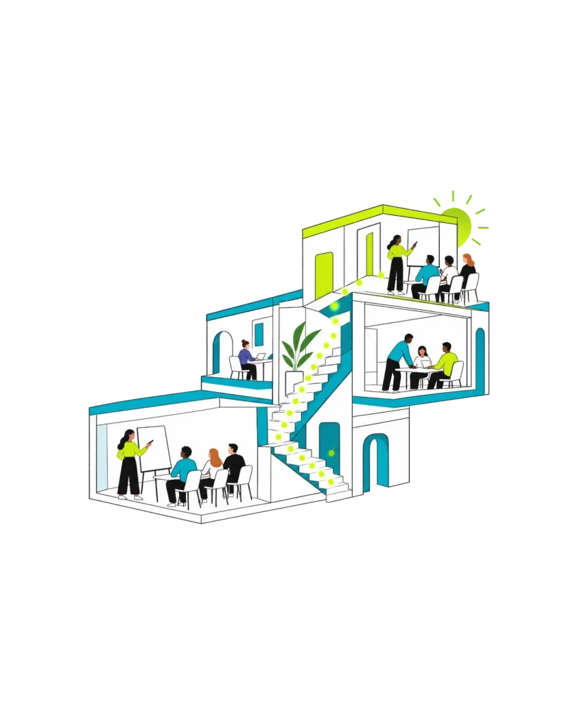 Illustration eines Firmengebäudes im Querschnitt: In mehreren Räumen geben interne Trainer:innen ihr Wissen an Kolleg:innen weiter, grüne Lichtpunkte verbinden die Etagen