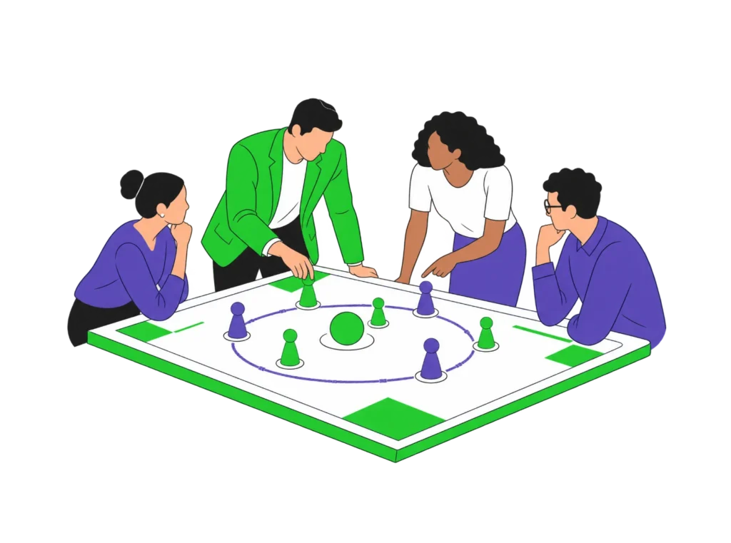 Ein Teamleiter verschiebt am Tisch Spielfiguren auf einem Spielfeld, drei Teammitglieder denken mit und zeigen auf Positionen