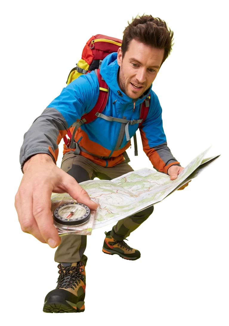 Outdoor Guide mit Rucksack, Landkarte und Kompass beim Orientieren