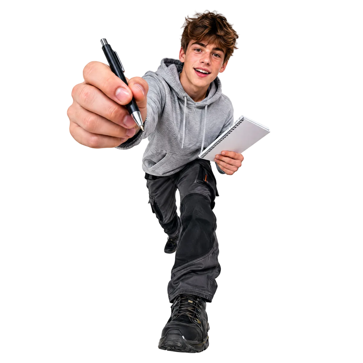 Lehrling mit Notizblock und Stift, der motiviert nach vorne tritt