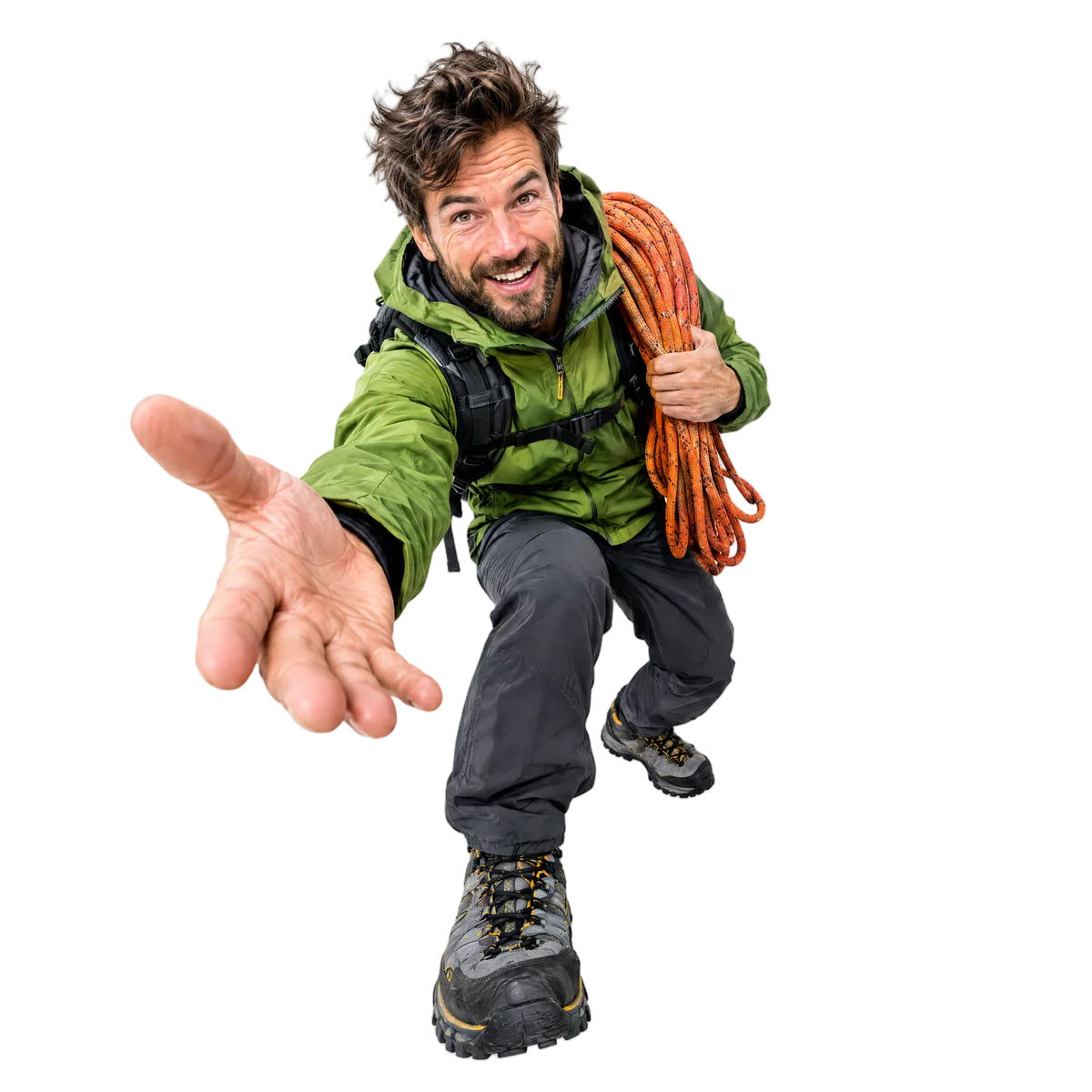 Outdoor-Trainer mit Kletterseil über der Schulter, der einladend die Hand ausstreckt
