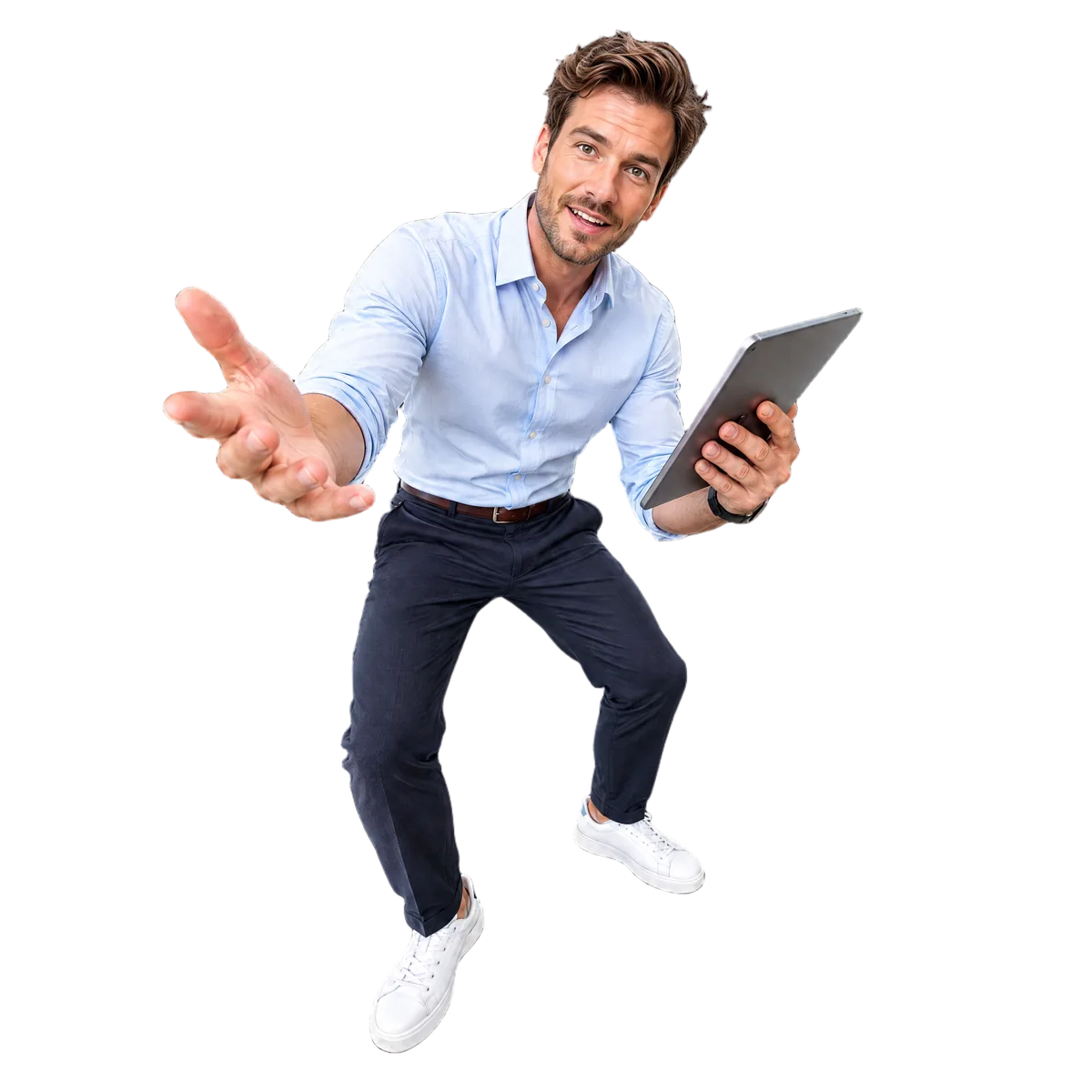 Verkäufer mit Tablet, der im Gespräch offen gestikuliert