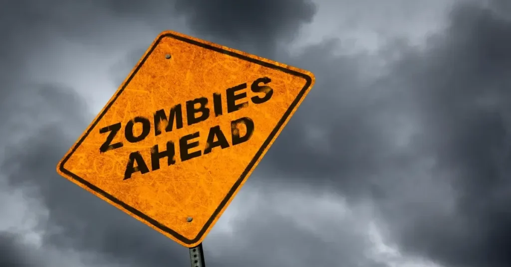 Warnschild „Zombies ahead“ vor dunklen Wolken
